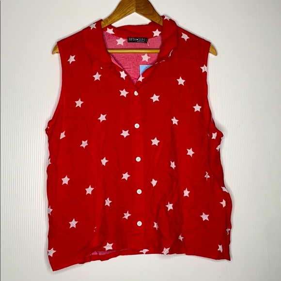 Fifth Sun Red White Star Sleeveless Buttoned Down Top Juniors XXL NEW - Picture 2 of 6